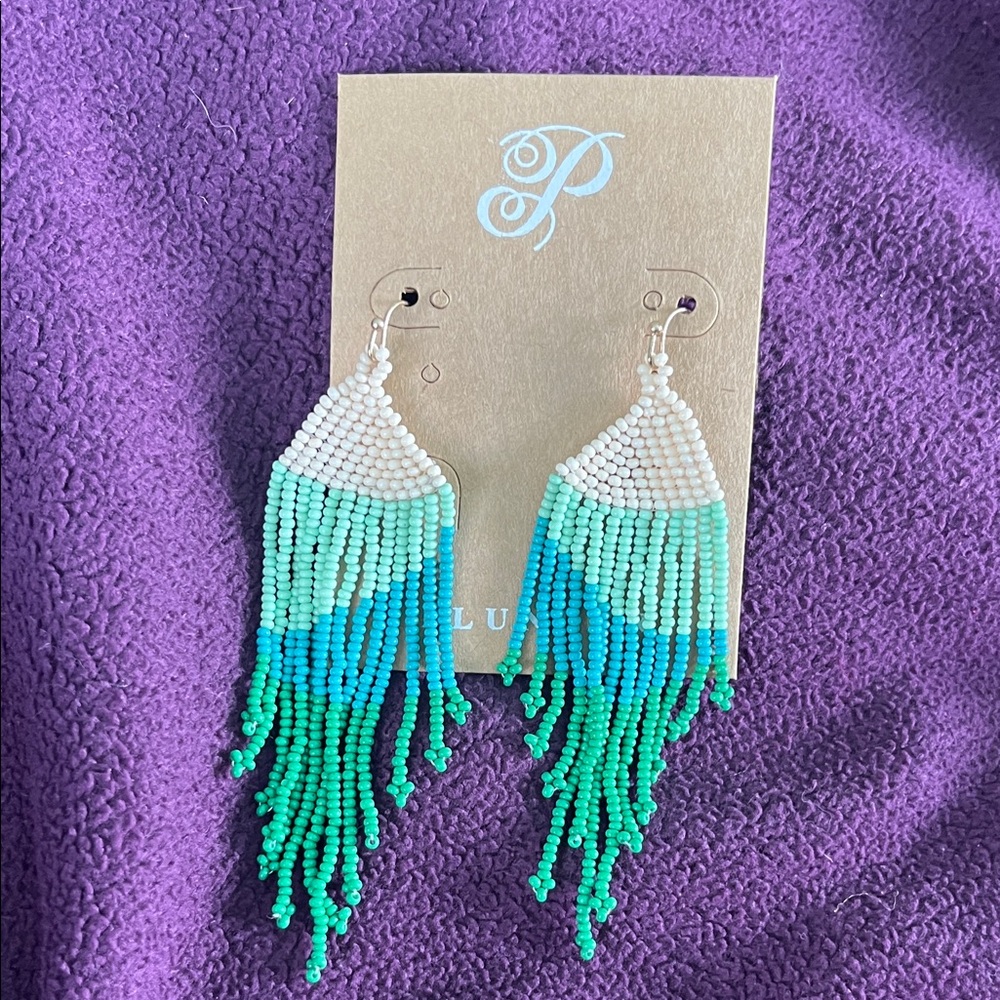 Plunder White, Aqua & Teal Beaded Fringe Earrings